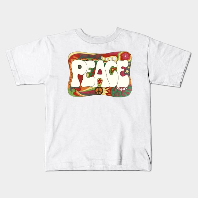 Vintage Psychedelic Peace and Love Kids T-Shirt by Kellie Espie Art